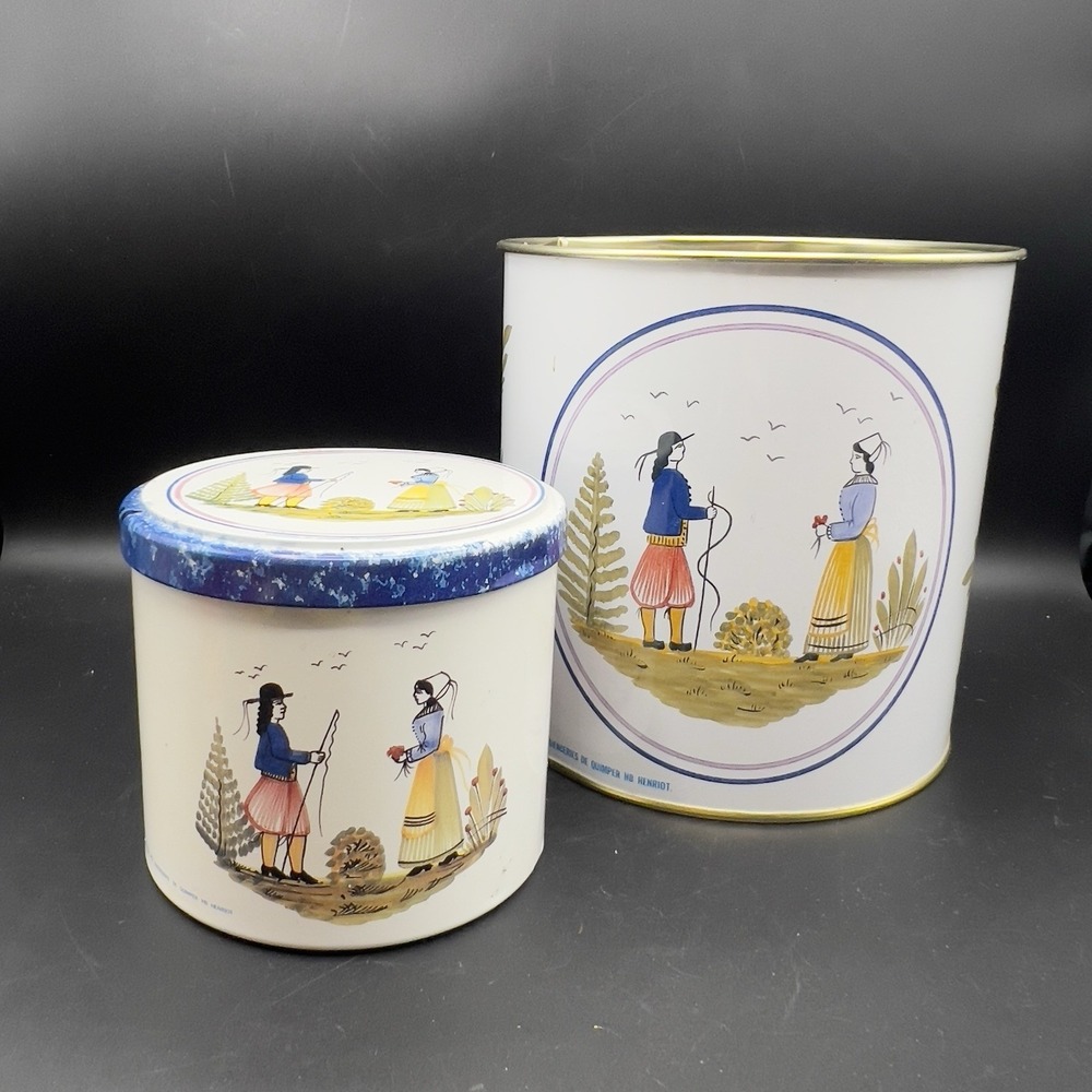 VTG Henriot HB Quimper Tin Can Container Set of 2 Man and‎ Woman France